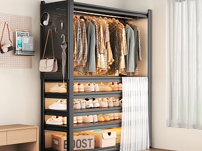 Black Organized Wardrobe Storage Shelf With Hanging Clothes Shoes And Boxes 3d model