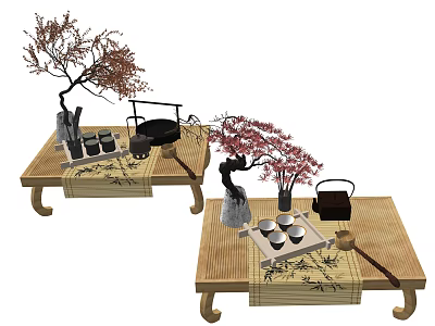 Bamboo Tea Table With Flowering Trees Teapot And Ceramic Tea Cups Decor 3d model