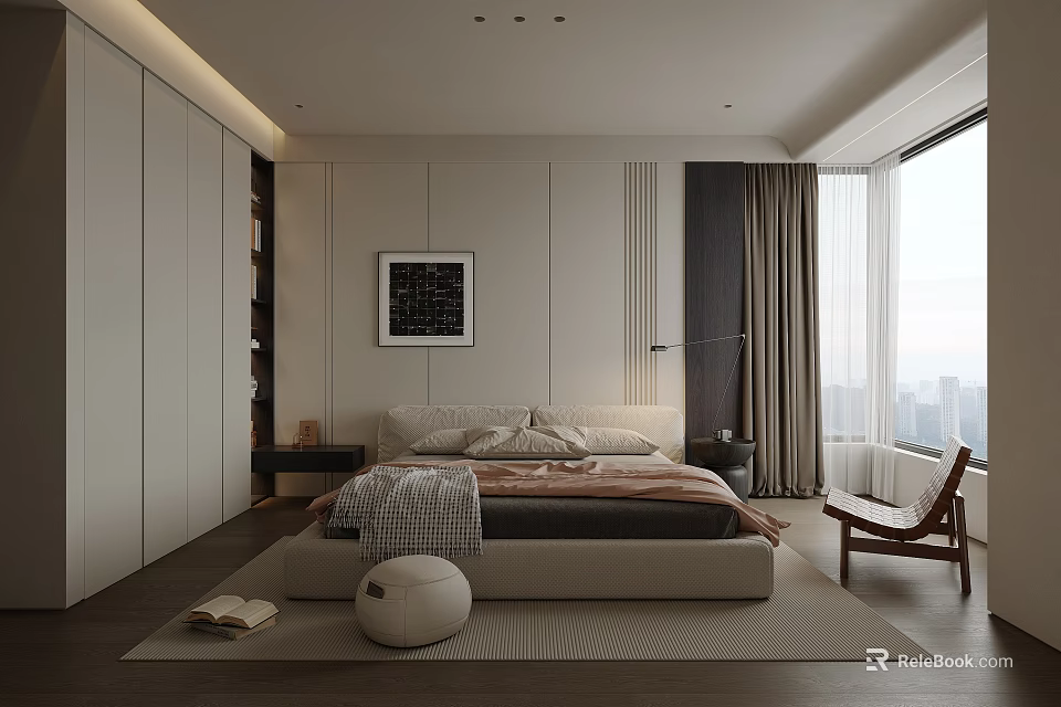 Modern Bedroom Interior With Bed White Wardrobes Floor Lamp And City View Window 3d model 