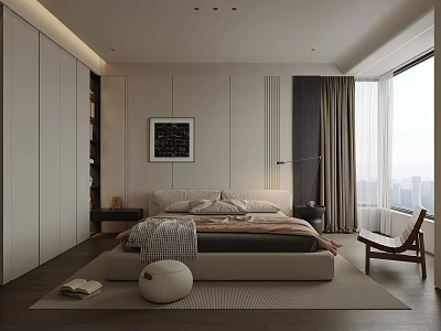 Modern Bedroom Interior With Bed White Wardrobes Floor Lamp And City View Window 3d model
