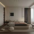 Modern Bedroom Interior With Bed White Wardrobes Floor Lamp And City View Window