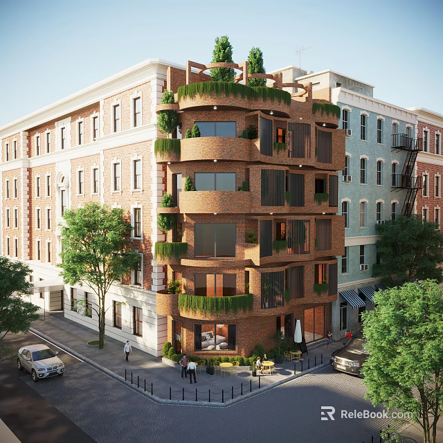 Modern Multi Storey Residential Building With Green Balconies And Urban Street View 3d model 