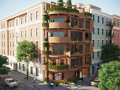 Modern Multi Storey Residential Building With Green Balconies And Urban Street View 3d model