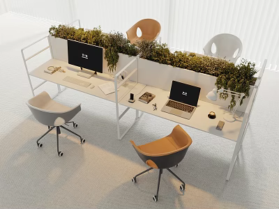 Modern Office Desk With Green Plants Different Colored Chairs Laptops And Workspace Setup 3d model