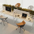 Modern Office Desk With Green Plants Different Colored Chairs Laptops And Workspace Setup