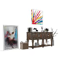 Stylish Wooden Sideboard Cabinet With Colorful Abstract Wall Art Potted Plants Decorative Items And Storage