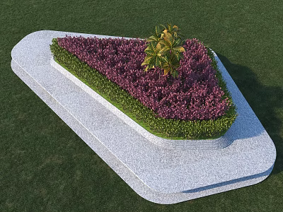 Landscaped Road Facility With White Base Purple Flowers Central Small Tree And Green Grass 3d model
