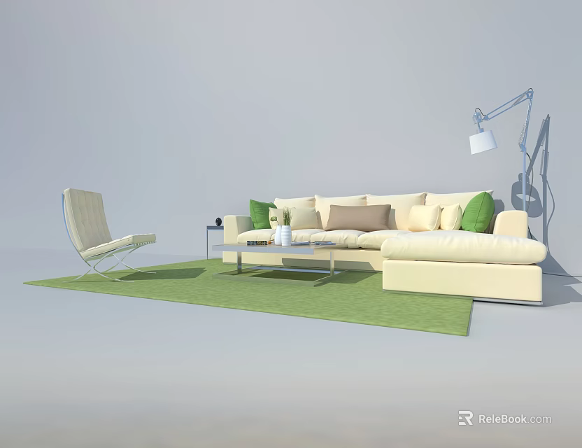 Modern Beige Sofa Coffee Table Set With Green Cushions White Armchair And Green Rug 3d model 