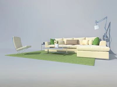 Modern Beige Sofa Coffee Table Set With Green Cushions White Armchair And Green Rug 3d model
