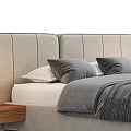 Modern Double Bed With Upholstered Headboard Gray Striped Bedding And Wooden Nightstands