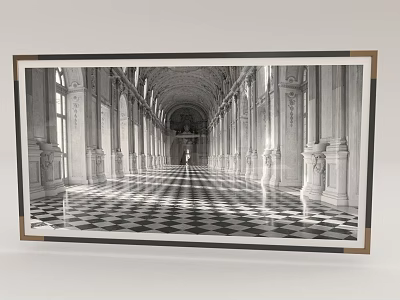 Classical Corridor Interior With Arched Architecture And Checkerboard Floor In Black White 3d model