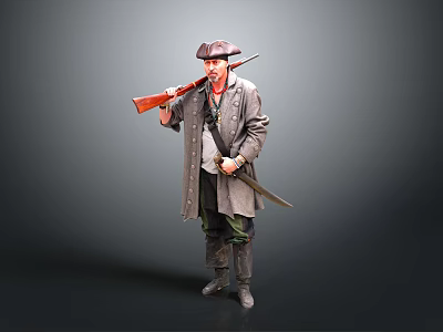 Man in long historical coat with tricorn hat holding musket and sword 3d model