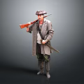Man in long historical coat with tricorn hat holding musket and sword