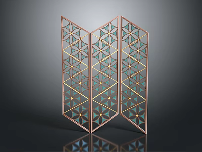 Modern Three Panel Folding Screen With Copper Frame Geometric Pattern Glass Panels And Gold Accents 3d model