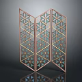 Modern Three Panel Folding Screen With Copper Frame Geometric Pattern Glass Panels And Gold Accents 3d model