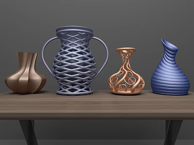 Various Designed Vases in Brown Blue Copper with Woven Spiral Patterns on Wooden Table 3d model