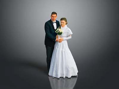 Bride In White Wedding Dress And Groom In Suit Holding Bouquet Together 3d model