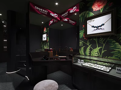 Elegant Jewelry Store Interior With Glass Display Cases Necklace On Display And Floral Decor 3d model