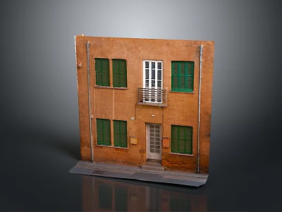 Two Story Brown Building Exterior With Green Windows Front Door And Balcony 3d model