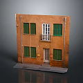 Two Story Brown Building Exterior With Green Windows Front Door And Balcony