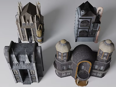 Different Styles Architectural Building Models With Spires Towers Arched Doors And Stone Exteriors 3d model