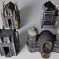 Different Styles Architectural Building Models With Spires Towers Arched Doors And Stone Exteriors