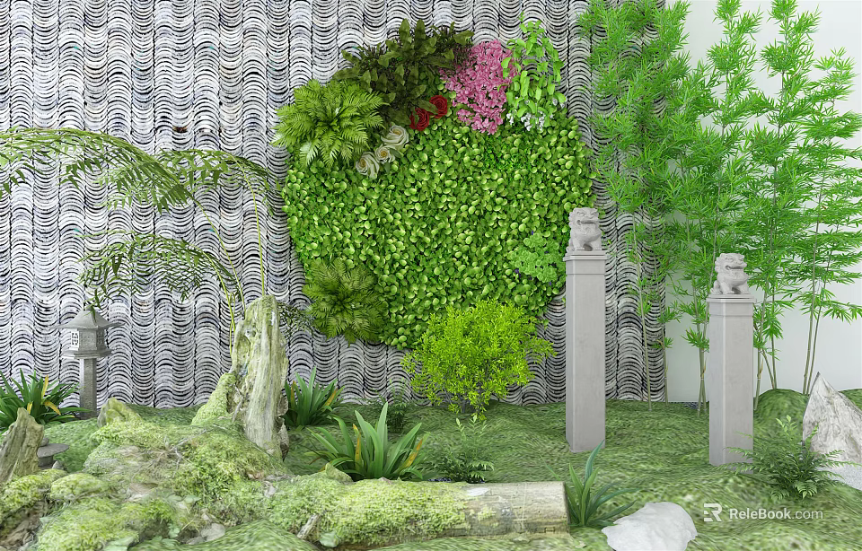 Garden Decor Featuring Heart Shaped Green Plant Wall Green Bamboo Stone Pillars And Mossy Plants 3d model 