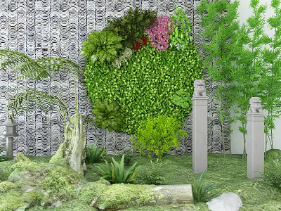 Garden Decor Featuring Heart Shaped Green Plant Wall Green Bamboo Stone Pillars And Mossy Plants 3d model