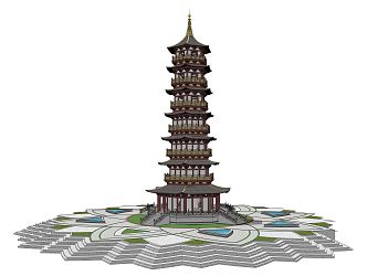 Chinese style tower wide view 3d model