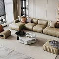 Beige Leather Sofa Coffee Table Set With Marble Top Throw Pillows And Ottoman 3d model
