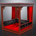 Chinese Style Wooden Frame Double Bed With Red Curtains And Carved Details