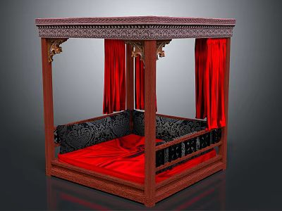 Chinese Style Wooden Frame Double Bed With Red Curtains And Carved Details 3d model