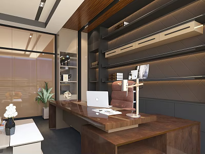 Modern Office Interior Design With Wooden Desk Laptop Lamp Documents Bookshelf Decorations And Plant 3d model