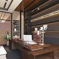 Modern Office Interior Design With Wooden Desk Laptop Lamp Documents Bookshelf Decorations And Plant