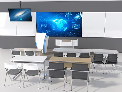 Modern Conference Room Table And Chair Set With Large Digital Display Screens 3d model