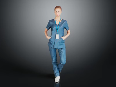 Woman In Blue Medical Scrubs With Lanyard ID Badge Standing Against Dark Background 3d model