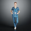 Woman In Blue Medical Scrubs With Lanyard ID Badge Standing Against Dark Background