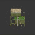 Cartoon Scene of Bamboo Houses with Green and Thatched Roofs and Stilt Structures