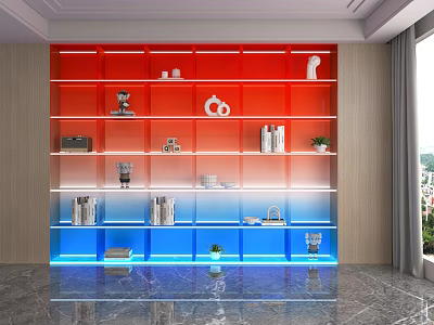Modern Display Shelves With Red Blue Gradient LED Lighting And Decorative Items Books Plants 3d model