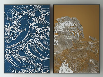 Blue And Gold Wall Art Prints With White Wave And Silver Lion Patterns Design 3d model