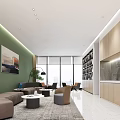Stylish Break Room With Green Wall Large Windows Sofa Round Tables Chairs Bookshelf And Cabinets