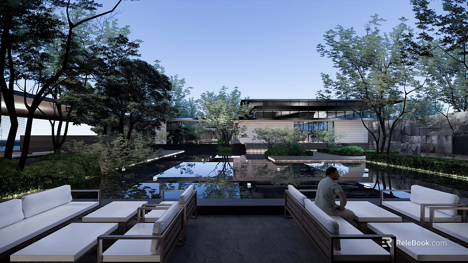 Serene Modern Garden Landscape With Lush Trees Water Pool Reflection And Outdoor Seating 3d model 