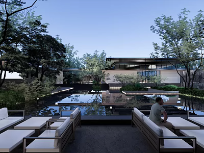 Serene Modern Garden Landscape With Lush Trees Water Pool Reflection And Outdoor Seating 3d model