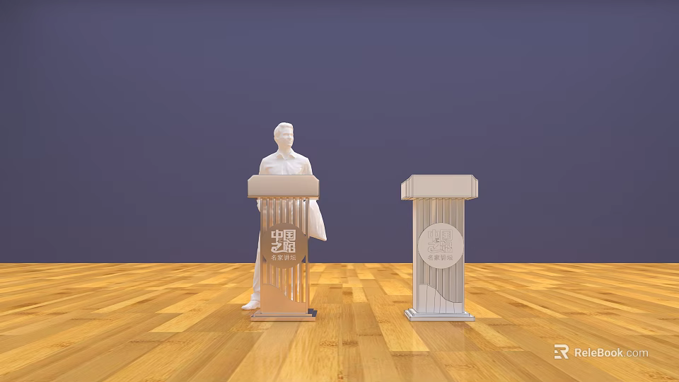 Functional Podiums With Statue And Carved Details On Wooden Floor And Blue Wall 3d model 