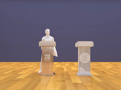 Functional Podiums With Statue And Carved Details On Wooden Floor And Blue Wall 3d model