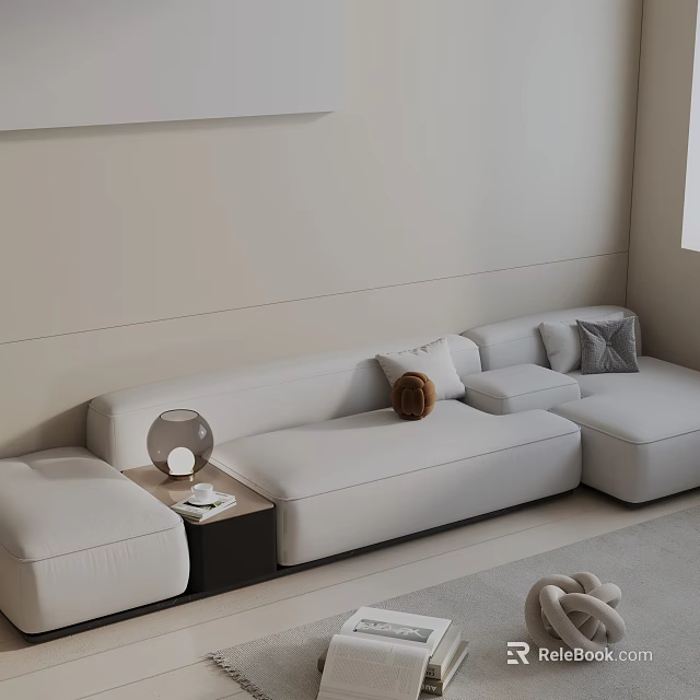 Modern White Three-Seater Sofa with Side Table Lamp Throw Pillows and Decorative Accents 3d model 