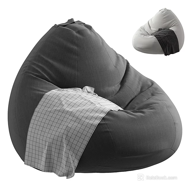 Gray Cozy Bean Bag Chair With Plaid Cloth And Soft Fabric Design 3d model 
