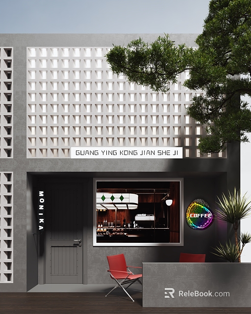 Modern Coffee Shop Storefront With Grid Pattern Light Shadow Space Neon Sign And Greenery 3d model 