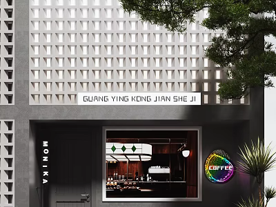 Modern Coffee Shop Storefront With Grid Pattern Light Shadow Space Neon Sign And Greenery 3d model