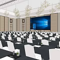 Modern Conference Room Interior With Large Projection Screen Arranged Chairs And Chandeliers